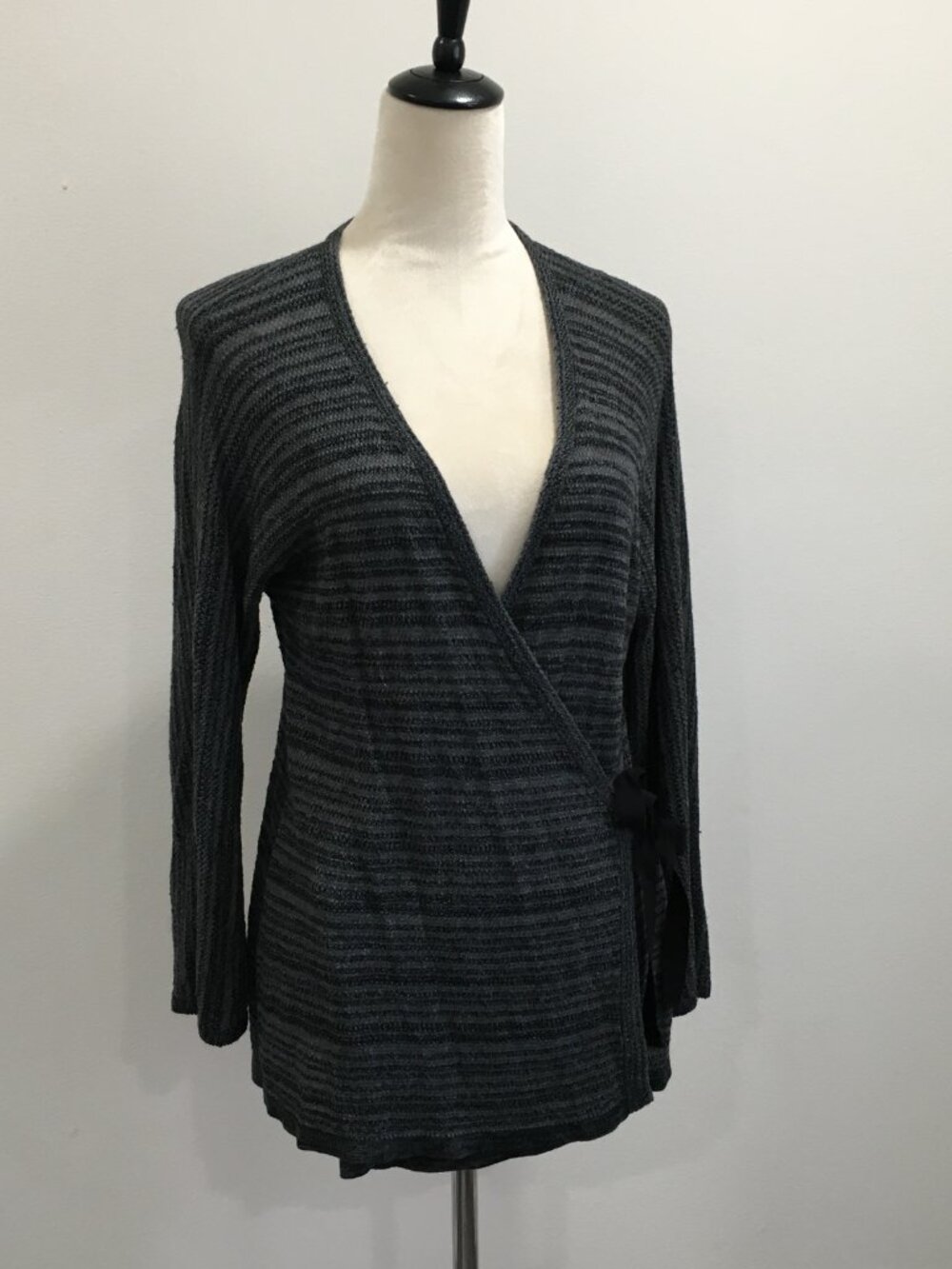 EILEEN FISHER Black Gray Merino Wool Blend Knit Belted Wrap Cardigan